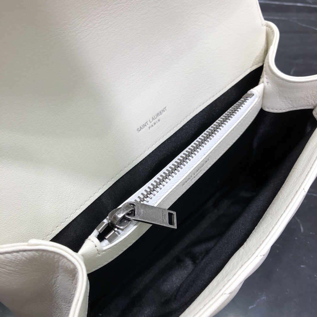 Saint Laurent Lambskin College Handbag Shoulder Bag White 600279 Silver